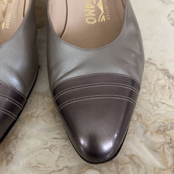 Vintage Salvatore Ferragamo Metallic Silver & Bronze Leather Court Shoes - Picture 6 of 14
